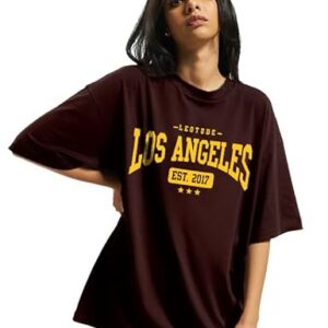 LEOTUDE Women's Oversized Cottonblend Half Sleeve Drop Shoulder Printed Tshirt (Color Brown)