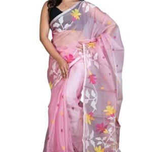 BENGAL LOOMS INDIA Muslin Silk Dhakai Jamdani Saree in Lemonade Pink & Off White in Multicolored Minakari Thread Work for Women Hand Woven Floral Nakashi Work Rich Texture Smooth Finish Indian Sari