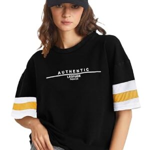 LEOTUDE Men's Cottoblend Half Sleeve Printed Oversized Drop Shoulder T-Shirt (Black Color)