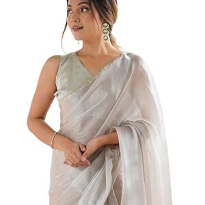 SIRIL Women's Shimmer Chiffon Lace Border Saree With Unstitched Blouse Piece