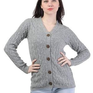 Kalt Women Full Sleeves Cable Button Acrylic V-Neck Sweater