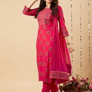 GoSriKi Women's Cotton Blend Straight Printed Kurta with Pant & Dupatta